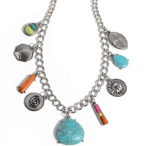 Silver Charm Necklace with Turquoise and Orange Accents Desert Getaway Multi